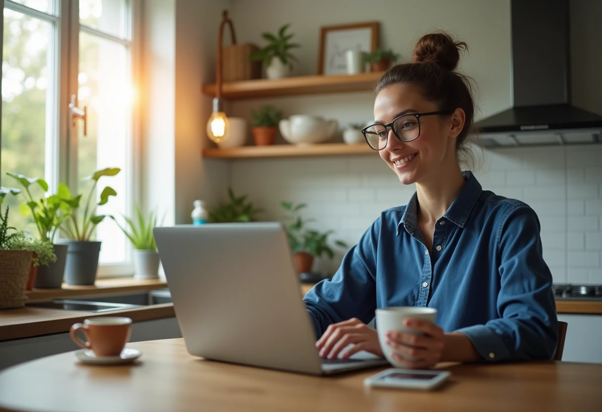 Remote work setup at a kitchen counter